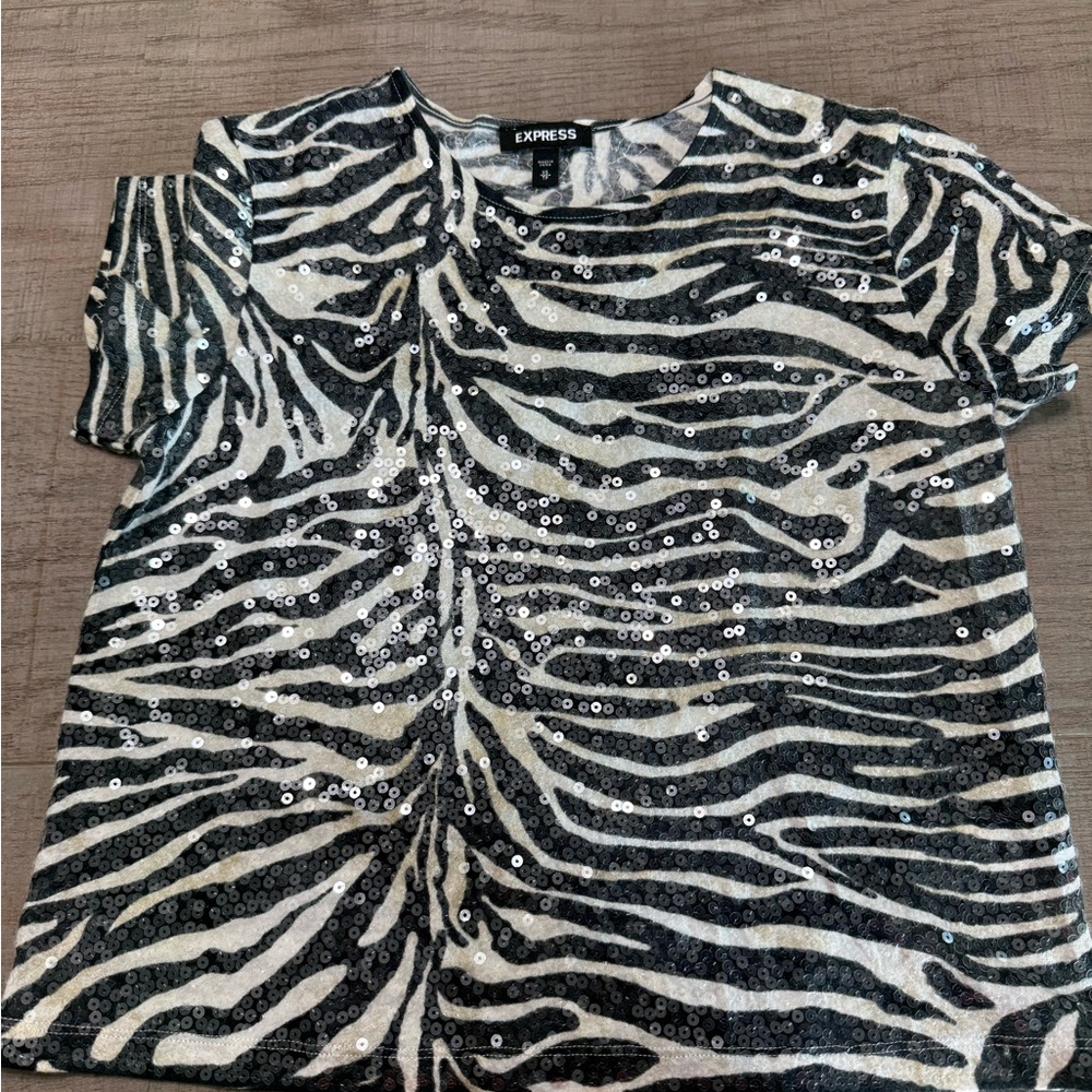 Express Sequin Zebra Print Tee - Black and White